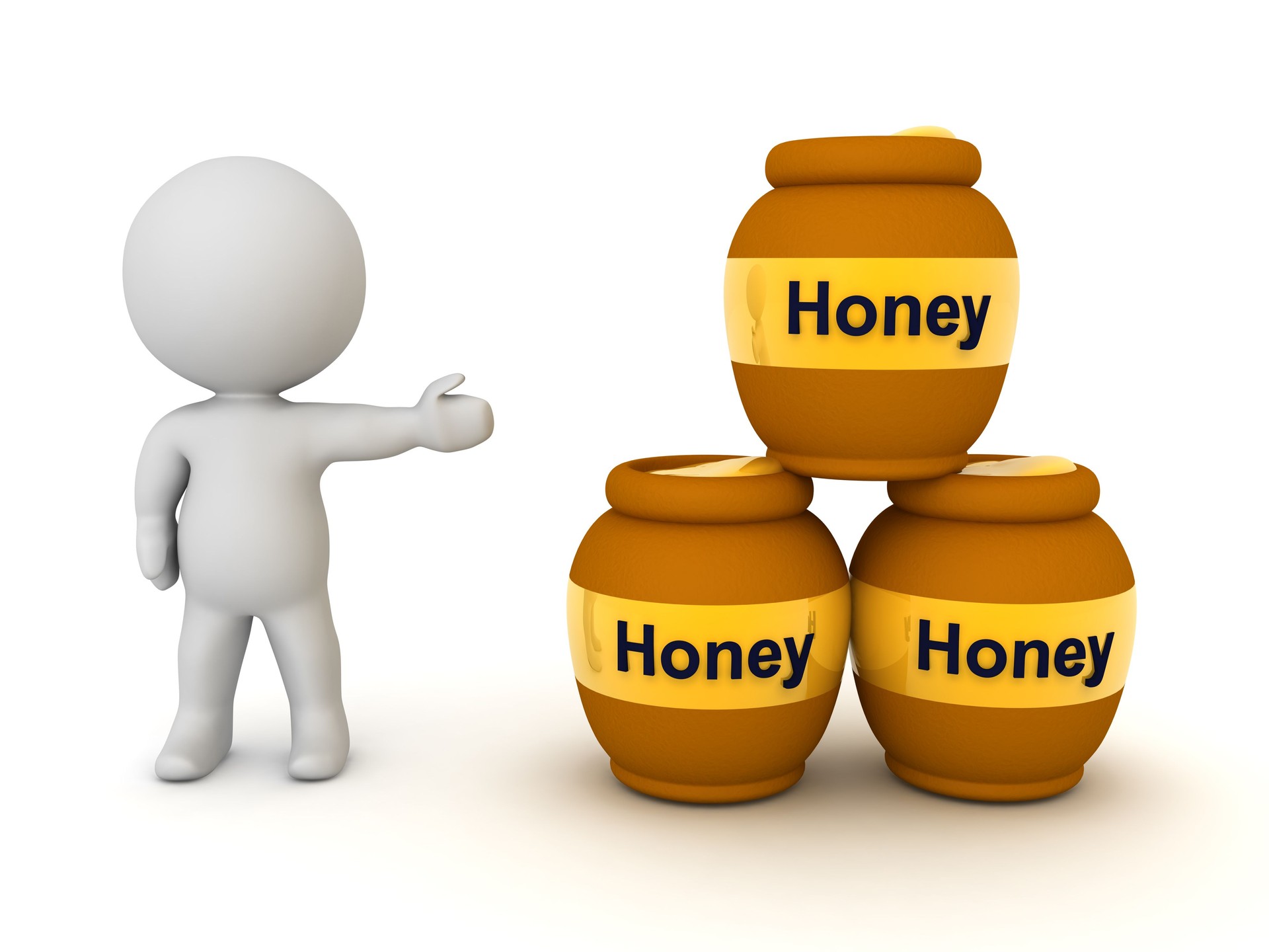 3D Character showing three jars of honey